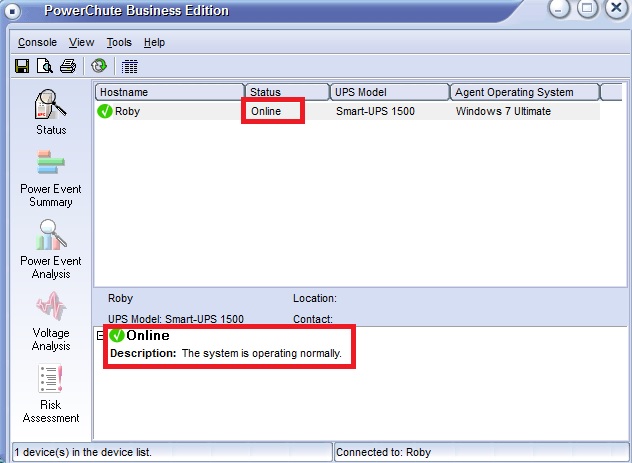 PowerChute Business Edition Console Status Online